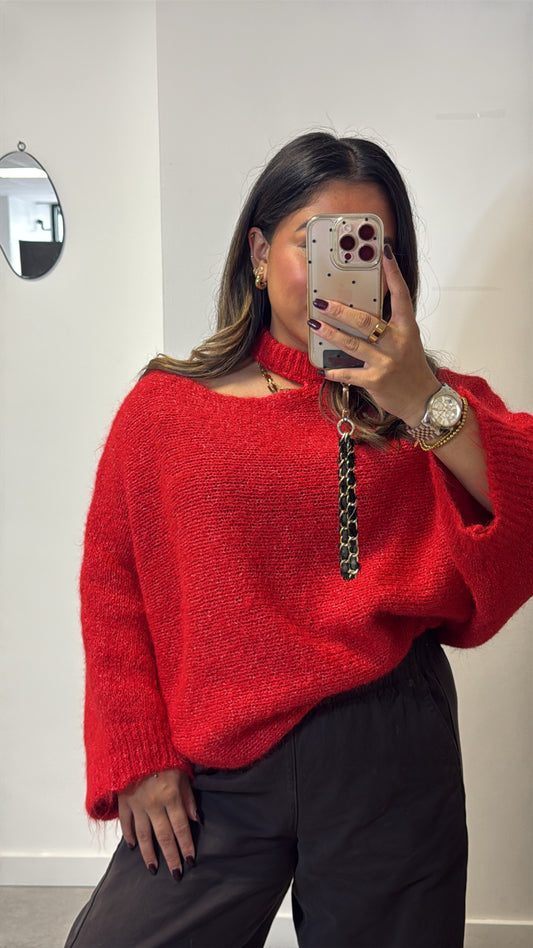 off shoulder sweater | red