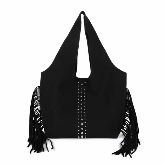 Fringe Studded Tote Bag Black