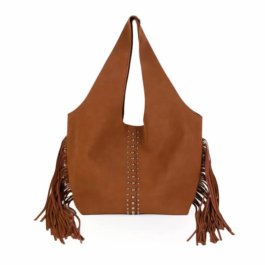 Fringe Studded Tote Bag Brown